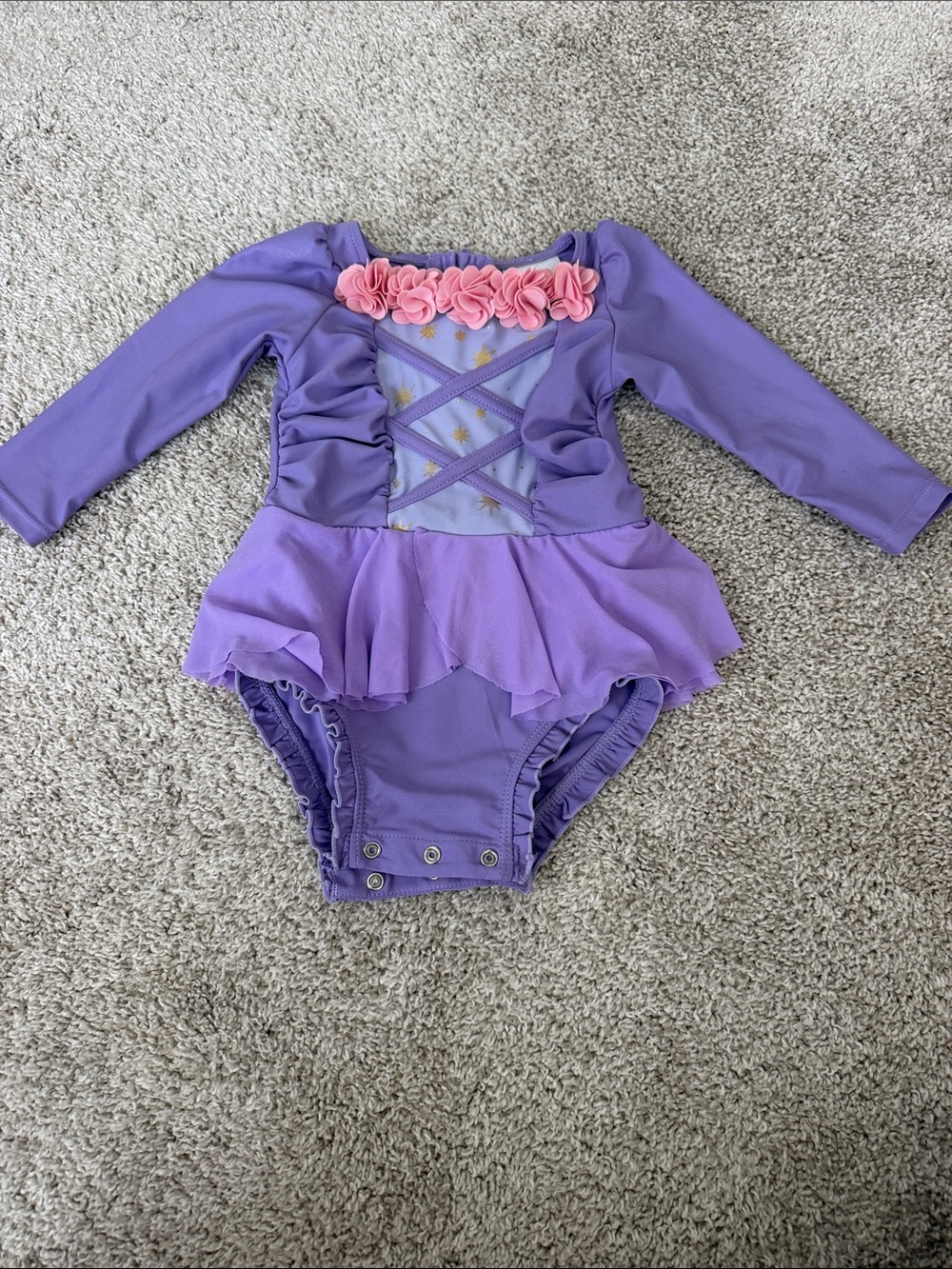 Purple Floral Trim Long-Sleeve One-Piece for Kids